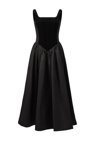 Heavy Industry Fishbone Little Black Dress - Velvet Spliced Waist-Defining Slimming Cami Dress with Flared Skirt, Y2K Style