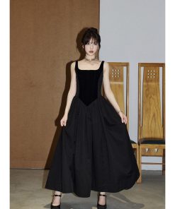 Heavy Industry Fishbone Little Black Dress - Velvet Spliced Waist-Defining Slimming Cami Dress with Flared Skirt, Y2K Style