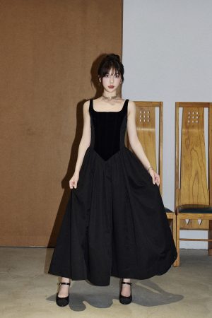 Heavy Industry Fishbone Little Black Dress - Velvet Spliced Waist-Defining Slimming Cami Dress with Flared Skirt, Y2K Style