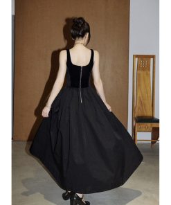 Heavy Industry Fishbone Little Black Dress - Velvet Spliced Waist-Defining Slimming Cami Dress with Flared Skirt, Y2K Style