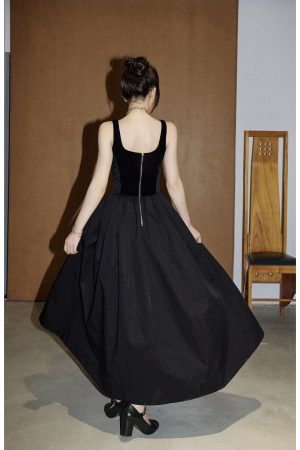 Heavy Industry Fishbone Little Black Dress - Velvet Spliced Waist-Defining Slimming Cami Dress with Flared Skirt, Y2K Style