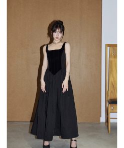 Heavy Industry Fishbone Little Black Dress - Velvet Spliced Waist-Defining Slimming Cami Dress with Flared Skirt, Y2K Style