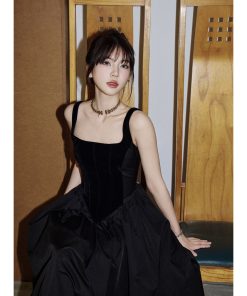 Heavy Industry Fishbone Little Black Dress - Velvet Spliced Waist-Defining Slimming Cami Dress with Flared Skirt, Y2K Style