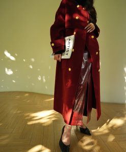 Heavy Mulberry Silk Double-Sided Coat with Rabbit Hair & Wool - Rum Black Tea Color, New Year Battle Robe Style Outerwear