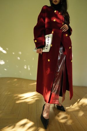 Heavy Mulberry Silk Double-Sided Coat with Rabbit Hair & Wool - Rum Black Tea Color, New Year Battle Robe Style Outerwear