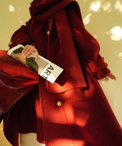 Heavy Mulberry Silk Double-Sided Coat with Rabbit Hair & Wool - Rum Black Tea Color, New Year Battle Robe Style Outerwear