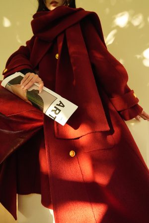 Heavy Mulberry Silk Double-Sided Coat with Rabbit Hair & Wool - Rum Black Tea Color, New Year Battle Robe Style Outerwear