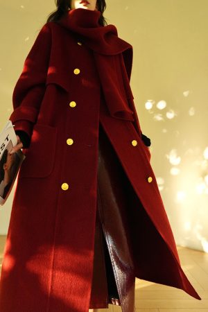 Heavy Mulberry Silk Double-Sided Coat with Rabbit Hair & Wool - Rum Black Tea Color, New Year Battle Robe Style Outerwear