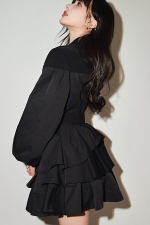 Heavyweight Black Mid-Length Spliced Trench Coat with Irregular Design - Trendy Y2K Style Outerwear for Chic Layering