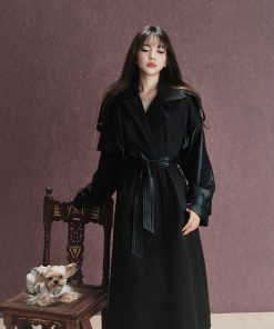 Heavyweight Black Reversible Lapel Leather Trench Coat for Women - 2025 Long Loose Waist-Defined Overcoat, Y2K Fashion Style