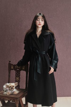 Heavyweight Black Reversible Lapel Leather Trench Coat for Women - 2025 Long Loose Waist-Defined Overcoat, Y2K Fashion Style