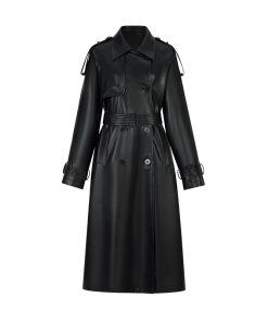 Heavyweight Black Reversible Lapel Leather Trench Coat for Women - 2025 Long Loose Waist-Defined Overcoat, Y2K Fashion Style