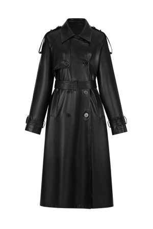 Heavyweight Black Reversible Lapel Leather Trench Coat for Women - 2025 Long Loose Waist-Defined Overcoat, Y2K Fashion Style
