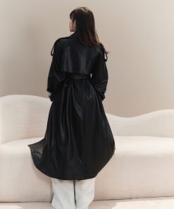 Heavyweight Black Reversible Lapel Leather Trench Coat for Women - 2025 Long Loose Waist-Defined Overcoat, Y2K Fashion Style