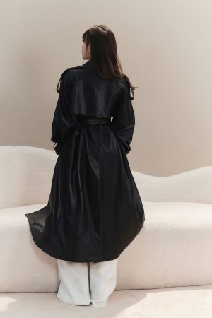 Heavyweight Black Reversible Lapel Leather Trench Coat for Women - 2025 Long Loose Waist-Defined Overcoat, Y2K Fashion Style