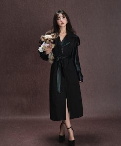 Heavyweight Black Reversible Lapel Leather Trench Coat for Women - 2025 Long Loose Waist-Defined Overcoat, Y2K Fashion Style