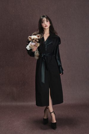 Heavyweight Black Reversible Lapel Leather Trench Coat for Women - 2025 Long Loose Waist-Defined Overcoat, Y2K Fashion Style