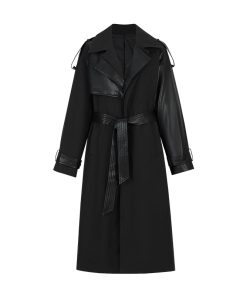 Heavyweight Black Reversible Lapel Leather Trench Coat for Women - 2025 Long Loose Waist-Defined Overcoat, Y2K Fashion Style