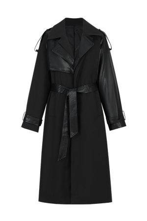 Heavyweight Black Reversible Lapel Leather Trench Coat for Women - 2025 Long Loose Waist-Defined Overcoat, Y2K Fashion Style