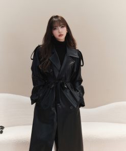 Heavyweight Black Reversible Lapel Leather Trench Coat for Women - 2025 Long Loose Waist-Defined Overcoat, Y2K Fashion Style