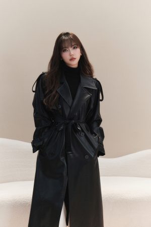 Heavyweight Black Reversible Lapel Leather Trench Coat for Women - 2025 Long Loose Waist-Defined Overcoat, Y2K Fashion Style