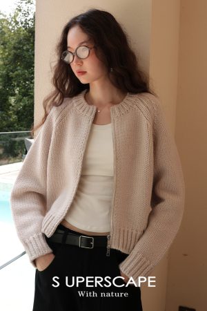 Heavyweight Chunky Knit Cocoon Zip-Up Cardigan Jacket - 800g All-Wool Cozy Fashion Layering Piece