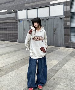 Heavyweight Embroidered Plaid Spliced American Sweatshirt - Unisex Loose Hoodie for Spring and Autumn - Couples Niche Fashion