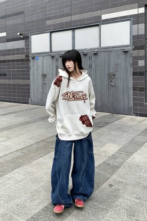 Heavyweight Embroidered Plaid Spliced American Sweatshirt - Unisex Loose Hoodie for Spring and Autumn - Couples Niche Fashion