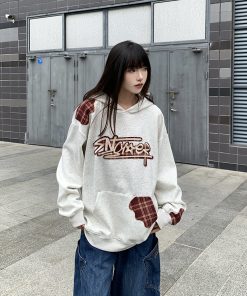 Heavyweight Embroidered Plaid Spliced American Sweatshirt - Unisex Loose Hoodie for Spring and Autumn - Couples Niche Fashion