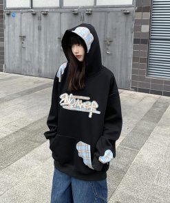 Heavyweight Embroidered Plaid Spliced American Sweatshirt - Unisex Loose Hoodie for Spring and Autumn - Couples Niche Fashion