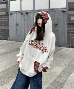 Heavyweight Embroidered Plaid Spliced American Sweatshirt - Unisex Loose Hoodie for Spring and Autumn - Couples Niche Fashion