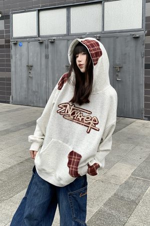 Heavyweight Embroidered Plaid Spliced American Sweatshirt - Unisex Loose Hoodie for Spring and Autumn - Couples Niche Fashion