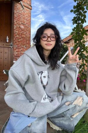 Heavyweight Fleece Hooded Sweatshirt with Dalmatian Print, Unisex Autumn Winter Jacket, Celebrity Style, 90s Inspired Fashion