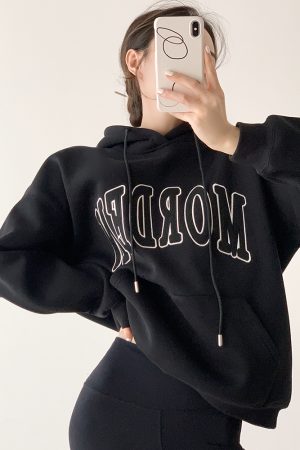 Heavyweight Hooded Sweatshirt for Women, Fleece-Lined Oversized Embroidered Jacket, Loose-Fitting Petite Top, Casual Streetwear
