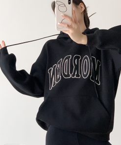 Heavyweight Hooded Sweatshirt for Women, Fleece-Lined Oversized Embroidered Jacket, Loose-Fitting Petite Top, Casual Streetwear