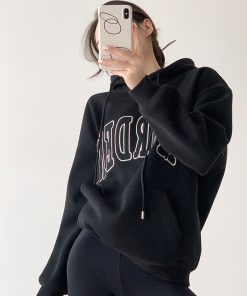 Heavyweight Hooded Sweatshirt for Women, Fleece-Lined Oversized Embroidered Jacket, Loose-Fitting Petite Top, Casual Streetwear