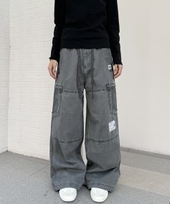 Heavyweight Pocket Cut Patch Design Vintage Work Pants for Women, Loose Straight Leg Casual Trousers, American Style Fashion