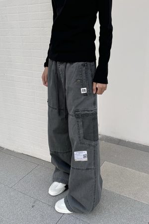Heavyweight Pocket Cut Patch Design Vintage Work Pants for Women, Loose Straight Leg Casual Trousers, American Style Fashion