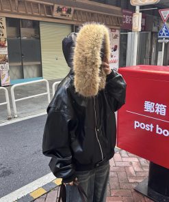 Heavyweight PU Leather Mountain Eagle Jacket for Women - Fleece-Lined American High Street Hoodie, Trendy Urban Style