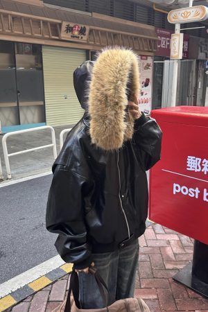 Heavyweight PU Leather Mountain Eagle Jacket for Women - Fleece-Lined American High Street Hoodie, Trendy Urban Style