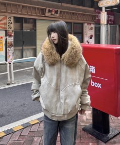 Heavyweight PU Leather Mountain Eagle Jacket for Women - Fleece-Lined American High Street Hoodie, Trendy Urban Style