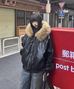 Heavyweight PU Leather Mountain Eagle Jacket for Women - Fleece-Lined American High Street Hoodie, Trendy Urban Style