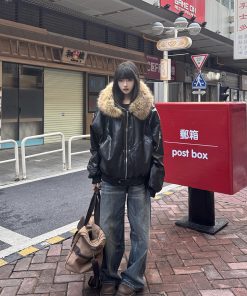 Heavyweight PU Leather Mountain Eagle Jacket for Women - Fleece-Lined American High Street Hoodie, Trendy Urban Style