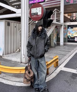 Heavyweight PU Leather Vintage Fur Collar Jacket for Women, Fleece Lined Cotton Coat, Casual Mountain Style Hoodie