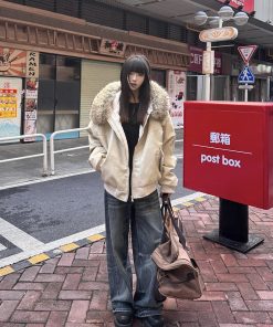 Heavyweight PU Leather Vintage Fur Collar Jacket for Women, Fleece Lined Cotton Coat, Casual Mountain Style Hoodie