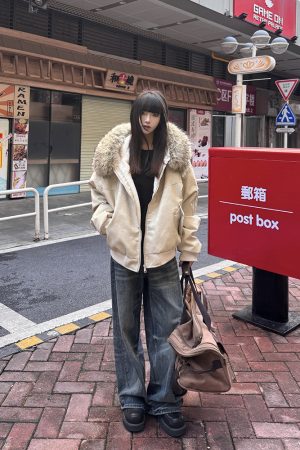 Heavyweight PU Leather Vintage Fur Collar Jacket for Women, Fleece Lined Cotton Coat, Casual Mountain Style Hoodie