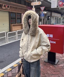 Heavyweight PU Leather Vintage Fur Collar Jacket for Women, Fleece Lined Cotton Coat, Casual Mountain Style Hoodie