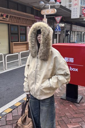 Heavyweight PU Leather Vintage Fur Collar Jacket for Women, Fleece Lined Cotton Coat, Casual Mountain Style Hoodie