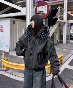 Heavyweight PU Leather Vintage Fur Collar Jacket for Women, Fleece Lined Cotton Coat, Casual Mountain Style Hoodie