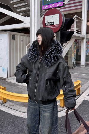 Heavyweight PU Leather Vintage Fur Collar Jacket for Women, Fleece Lined Cotton Coat, Casual Mountain Style Hoodie